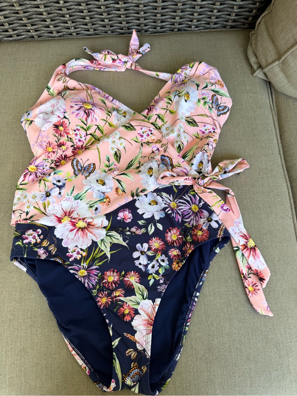 Freshwater, Floral, Halter, One-Piece Swimsuit in Pink and Navy, Size Large